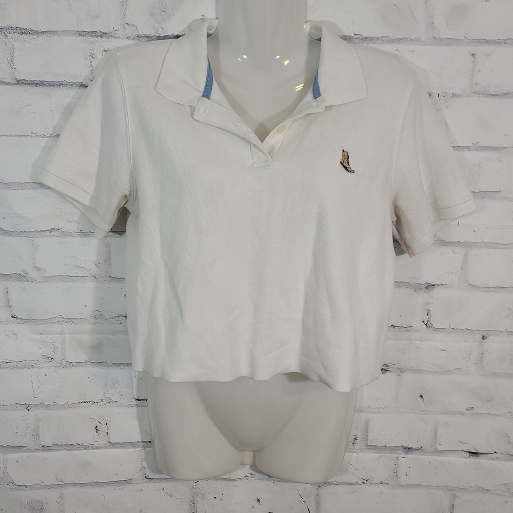 LL Bean White Cropped Polo With Bean Boot Embroidery 100 year Label XS